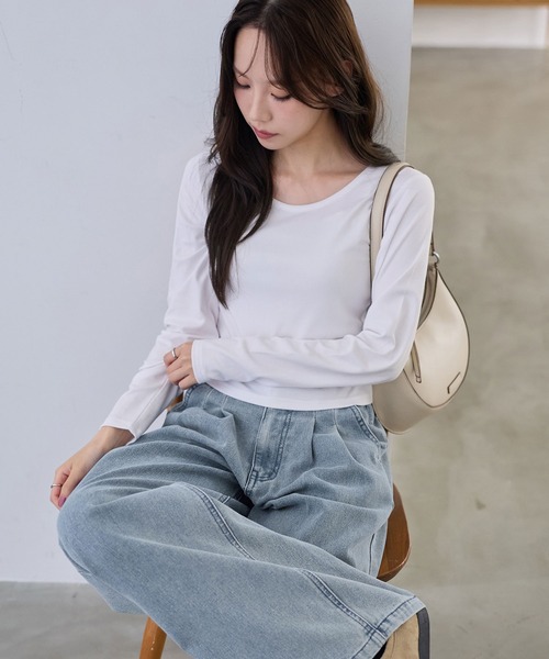 セール】ラウンドネックコンパクト長袖Tシャツ（Tシャツ/カットソー