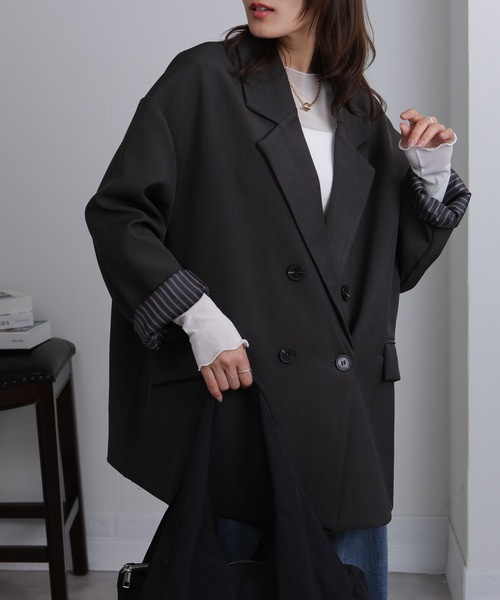 Seop(セオピ)の「オーバーサイズシルエット テーラードジャケット(テーラードジャケット・レディース・ブラック/ベージュ/グレー・M)」の7枚目の写真