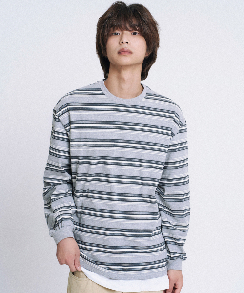 MOOVN(ムブン)の「レイヤーストライプ ロングスリーブTシャツ グレー(Tシャツ/カットソー・レディース・その他・SMALL/MEDIUM/LARGE)」の2枚目の写真