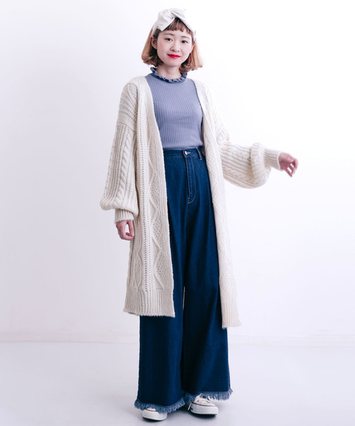 MERLOT（メルロー）の「ケーブルニットロングカーディガン6282（カーディガン/ボレロ・レディース・ブラック/オフホワイト/イエロー/グリーン・FREE）」の12枚目の写真