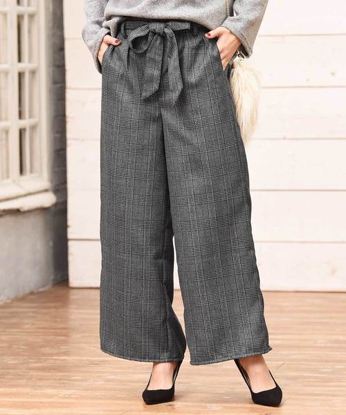 Luz Llena（ラズレナ）の「[ベルト付き]起毛グレンチェック柄ワイドパンツ（その他パンツ・レディース・ブラック/ブラウン・MEDIUM）」の2枚目の写真