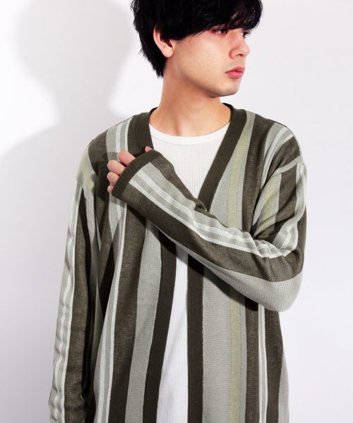 ８(eight)（エイト）の「ストライプ カーディガン ガウン（カーディガン/ボレロ・メンズ・ベージュ/ネイビー・MEDIUM/LARGE）」の4枚目の写真