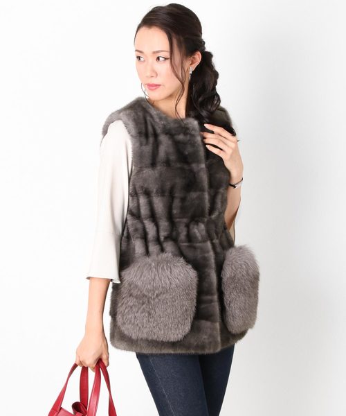 ミンクファーベストノーカラーフォックス トリミング（ベスト