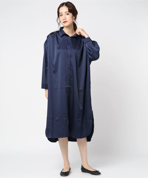 Up シャツワンピース Startストレッチサテンタックデザインシャツワンピース 大量上品入荷 シャツワンピース