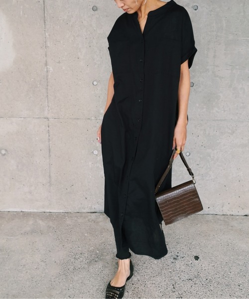 ulu(ウル)の「linencotton standcollar shirt onepiece(シャツワンピース・レディース・ブラック/ベージュ・FREE)」の2枚目の写真