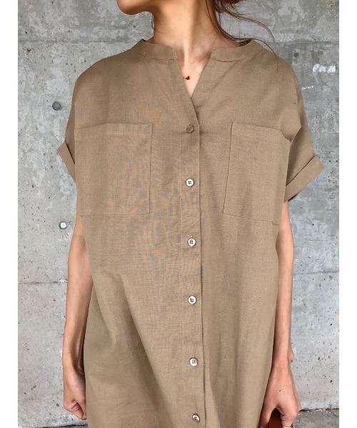 ulu(ウル)の「linencotton standcollar shirt onepiece(シャツワンピース・レディース・ブラック/ベージュ・FREE)」の3枚目の写真