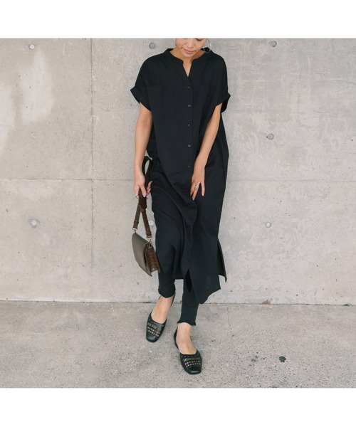 ulu(ウル)の「linencotton standcollar shirt onepiece(シャツワンピース・レディース・ブラック/ベージュ・FREE)」の4枚目の写真