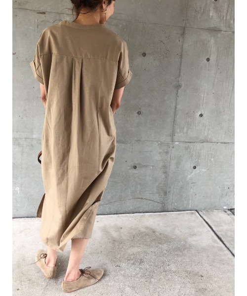ulu(ウル)の「linencotton standcollar shirt onepiece(シャツワンピース・レディース・ブラック/ベージュ・FREE)」の5枚目の写真