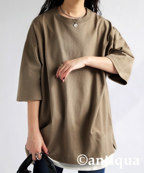 antiqua(アンティカ)の「綿100%オーバーサイズバスクTシャツ(Tシャツ/カットソー・レディース・ベージュ/オフホワイト/ブラック/アッシュグレー/アイボリー/ブラウン系その他/ブルー系その他3/ブルー系その他/ピンク系その他/グリーン系その他2/グリーン系その他/ブルー系その他2/オレンジ系その他/レッド系その他/グリーン系その他3/ライトグレー・M/L/XL)」の10枚目の写真
