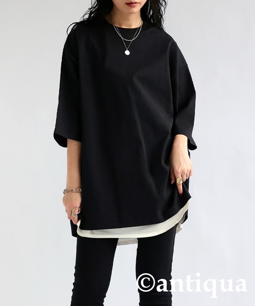 antiqua(アンティカ)の「綿100%オーバーサイズバスクTシャツ(Tシャツ/カットソー・レディース・ベージュ/オフホワイト/ブラック/アッシュグレー/アイボリー/ブラウン系その他/ブルー系その他3/ブルー系その他/ピンク系その他/グリーン系その他2/グリーン系その他/ブルー系その他2/オレンジ系その他/レッド系その他/グリーン系その他3/ライトグレー・M/L/XL)」の2枚目の写真