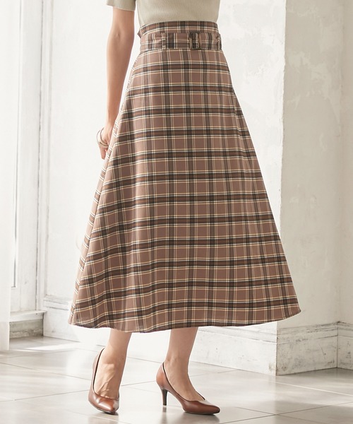 KOBE LETTUCE（コウベレタス）の「取り外し可能ベルト付きチェック柄ハイウエストフレアスカート（スカート・レディース・ブラウン/ブラック・FREE）」の2枚目の写真