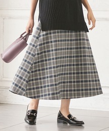 取り外し可能ベルト付きチェック柄ハイウエストフレアスカート