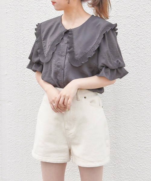 one after another NICE CLAUP（ワンアフターアナザーナイスクラップ）の「プリーツ衿ブラウス（シャツ/ブラウス・レディース・グレー/オフホワイト/モカ/スミクロ・FREE）」の13枚目の写真
