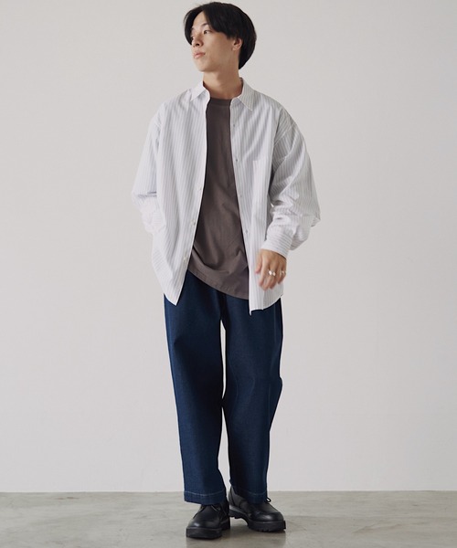 WYM LIDNM(ウィム バイ リドム)の「TENCEL STRIPE WIDE SHIRT(シャツ/ブラウス・メンズ・ホワイト/ブルー/ネイビー/ライトグレー・S/M/L)」の5枚目の写真