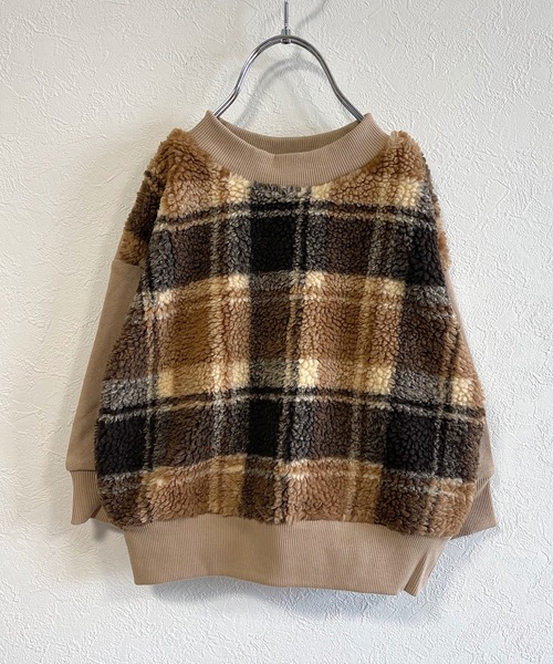 Granny Branket(グラニーブランケット)の「レオパード&チェックボアスウェット(90~140cm)(スウェット・キッズ・ベージュ/チャコール・90/100/110/120/130/140)」の2枚目の写真