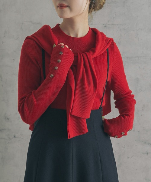 URBAN RESEARCH ROSSO WOMEN（アーバンリサーチ　ロッソ）の「ウォッシャブルウール袖ボタンリブニット（ニット/セーター・レディース・ベージュ/ブラック/レッド・FREE）」の4枚目の写真