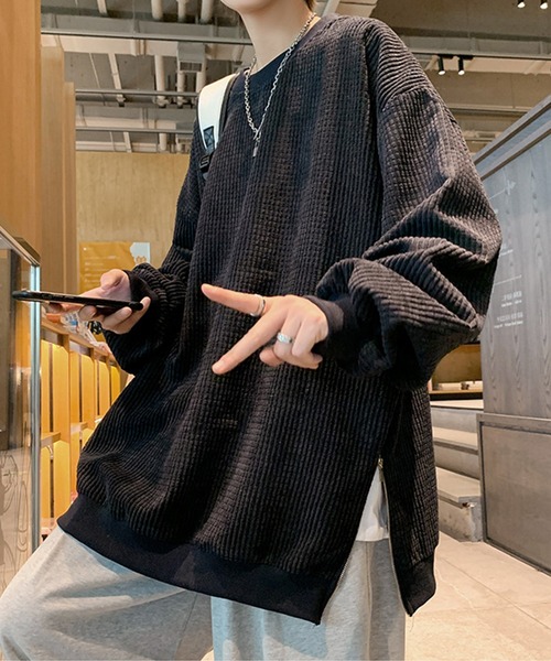 aimoha（アイモハ）の「ワッフル生地ビッグシルエットスウェット（スウェット・メンズ・ブラック/ダークグレー/ベージュ・MEDIUM/LARGE/X-LARGE/XX-LARGE/XXX-LARGE）」の9枚目の写真