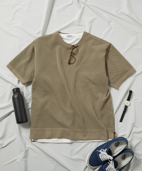 UNION STATION（ユニオンステーション）の「【セットアイテム】メッシュニット 5分袖 レイヤードTシャツ（ニット/セーター・メンズ・グレー/ベージュ/ブルー/グリーン/ブラック・LL/L/M）」の3枚目の写真