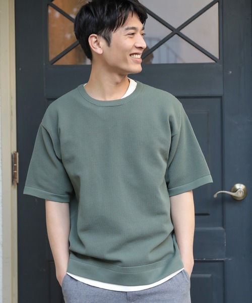 UNION STATION（ユニオンステーション）の「【セットアイテム】メッシュニット 5分袖 レイヤードTシャツ（ニット/セーター・メンズ・グレー/ベージュ/ブルー/グリーン/ブラック・LL/L/M）」の4枚目の写真