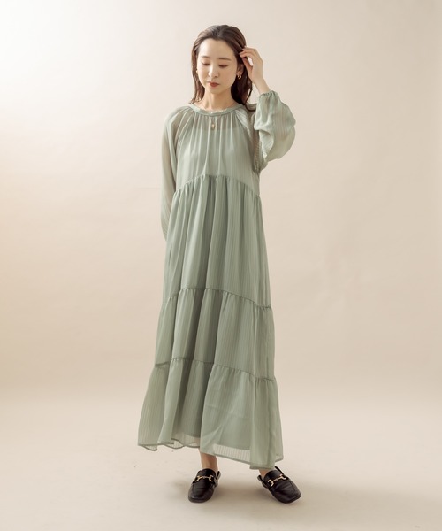 mline（エムライン）の「[mline] シアーストライプティアードワンピース（ワンピース・レディース・オフホワイト/グリーン/ブラック・FREE）」の4枚目の写真