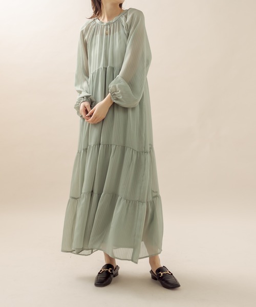 mline（エムライン）の「[mline] シアーストライプティアードワンピース（ワンピース・レディース・オフホワイト/グリーン/ブラック・FREE）」の5枚目の写真