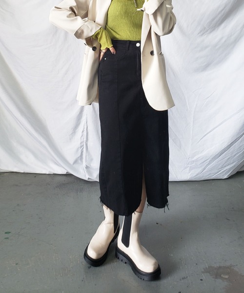 me+em select(ミームセレクト)の「【 S/M/L/XLサイズ展開 】カットオフラインストレッチデニムスカート(デニムスカート・レディース・ブラック/ブルー・SMALL/MEDIUM/LARGE/X-LARGE)」の4枚目の写真