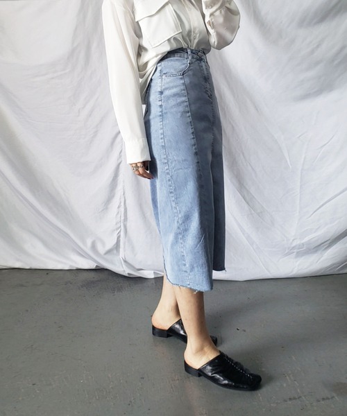 me+em select(ミームセレクト)の「【 S/M/L/XLサイズ展開 】カットオフラインストレッチデニムスカート(デニムスカート・レディース・ブラック/ブルー・SMALL/MEDIUM/LARGE/X-LARGE)」の9枚目の写真