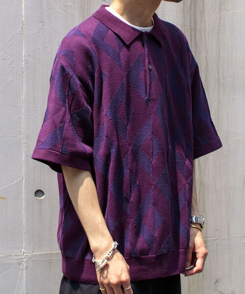 GLOSTER(グロスター)の「【GLOSTER/グロスター】ジオメトリック ニットポロシャツ(ポロシャツ・メンズ・ホワイト/パープル/ネイビー/グリーン・MEDIUM/LARGE)」の5枚目の写真