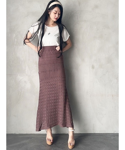 DURAS（デュラス）の「透かし編みフレアスカート（スカート・レディース・ホワイト/ピンク/モカ/グリーン・FREE）」の3枚目の写真