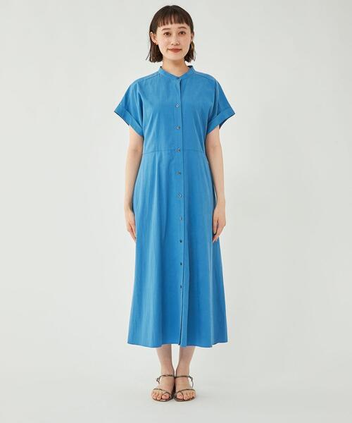 新品 グリーンレーベルリラクシング ライトブルー バンドカラーシャツワンピース green label relaxing（グリーンレーベルリラクシング）の