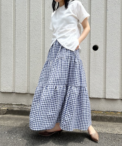 Jewelobe(ジュエローブ)の「ロングティアードスカート(スカート・レディース・ブラック/ネイビー×ホワイト/オレンジ/オフホワイト/ブラック×ホワイト・S/M)」の4枚目の写真