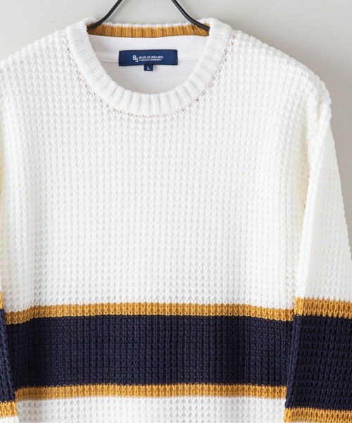 Blue Standard （ブルースタンダード）の「【BLUE STANDARD/ブルースタンダード】レトロボーダーワッフルニット＆ロンT 2点セット アンサンブル（ニット/セーター・メンズ・オフホワイト/ブルー/ネイビー・MEDIUM/LARGE/X-LARGE）」の4枚目の写真