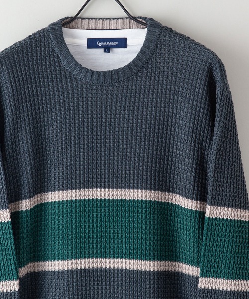 Blue Standard （ブルースタンダード）の「【BLUE STANDARD/ブルースタンダード】レトロボーダーワッフルニット＆ロンT 2点セット アンサンブル（ニット/セーター・メンズ・オフホワイト/ブルー/ネイビー・MEDIUM/LARGE/X-LARGE）」の6枚目の写真