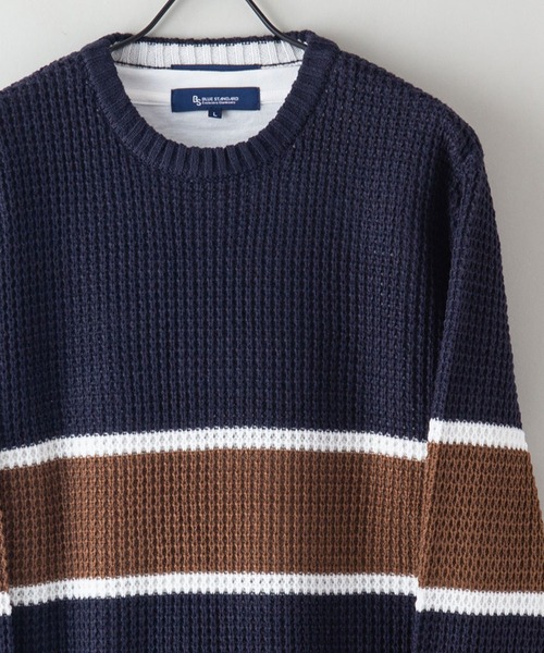 Blue Standard （ブルースタンダード）の「【BLUE STANDARD/ブルースタンダード】レトロボーダーワッフルニット＆ロンT 2点セット アンサンブル（ニット/セーター・メンズ・オフホワイト/ブルー/ネイビー・MEDIUM/LARGE/X-LARGE）」の5枚目の写真
