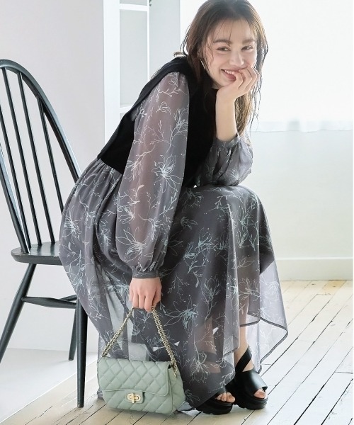 mysty woman（ミスティウーマン）の「ニットベスト２Ｐ柄ワンピースロングスリーブ 186022（ワンピース・レディース・グレー/アイボリー/グレー系その他/ライトグレー/モカ・FREE）」の4枚目の写真