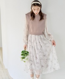 mysty woman | 【WEB限定カラー有】ニットベスト２Ｐ柄ワンピースロングスリーブ 186022(ワンピース)