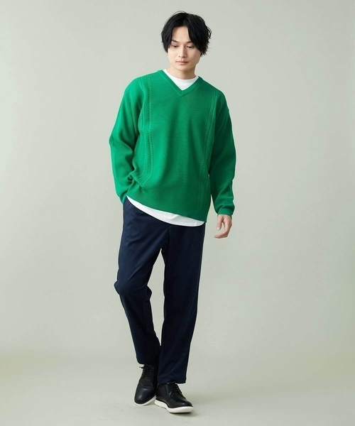 a.v.v（アーヴェヴェ）の「【S-XXL】レイヤードカットソー付きアゼ編みVネックニット（ニット/セーター・メンズ・チャコールグレー/グリーン/ベージュ/ネイビー/ライトブルー・50/46/48）」の19枚目の写真