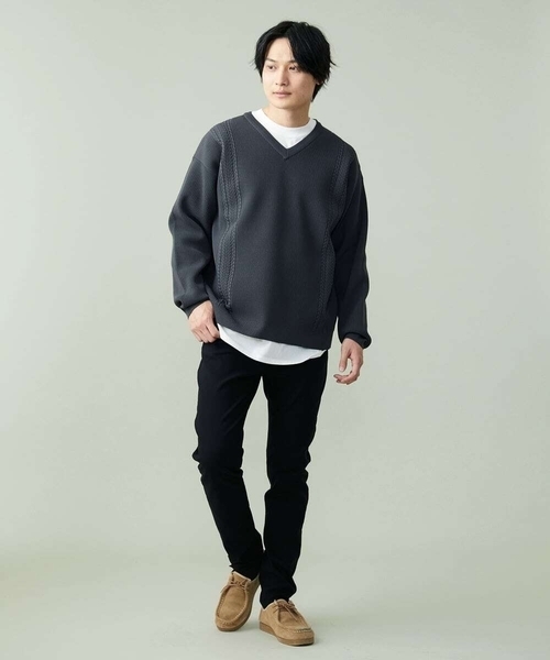 a.v.v（アーヴェヴェ）の「【S-XXL】レイヤードカットソー付きアゼ編みVネックニット（ニット/セーター・メンズ・チャコールグレー/グリーン/ベージュ/ネイビー/ライトブルー・50/46/48）」の15枚目の写真