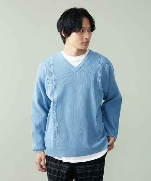 a.v.v（アーヴェヴェ）の「【S-XXL】レイヤードカットソー付きアゼ編みVネックニット（ニット/セーター・メンズ・チャコールグレー/グリーン/ベージュ/ネイビー/ライトブルー・50/46/48）」の17枚目の写真