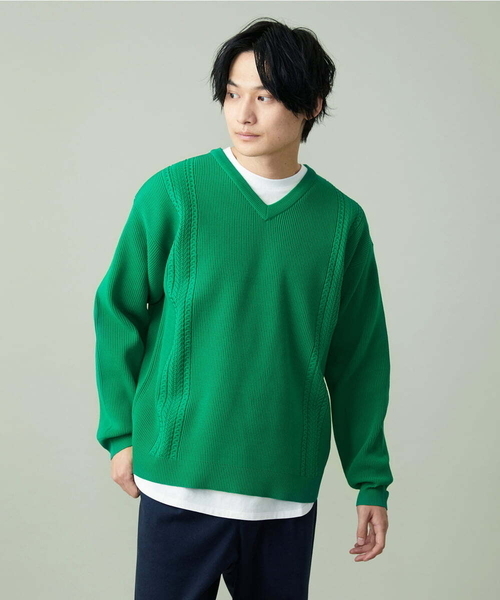 a.v.v（アーヴェヴェ）の「【S-XXL】レイヤードカットソー付きアゼ編みVネックニット（ニット/セーター・メンズ・チャコールグレー/グリーン/ベージュ/ネイビー/ライトブルー・50/46/48）」の9枚目の写真