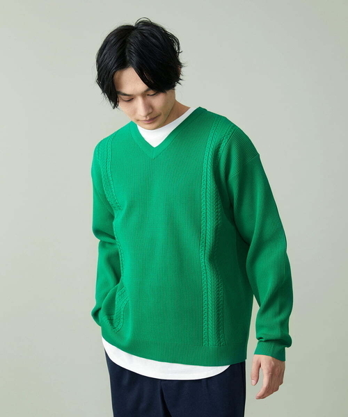 a.v.v（アーヴェヴェ）の「【S-XXL】レイヤードカットソー付きアゼ編みVネックニット（ニット/セーター・メンズ・チャコールグレー/グリーン/ベージュ/ネイビー/ライトブルー・50/46/48）」の18枚目の写真