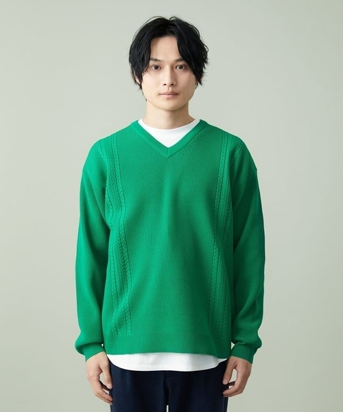 a.v.v（アーヴェヴェ）の「【S-XXL】レイヤードカットソー付きアゼ編みVネックニット（ニット/セーター・メンズ・チャコールグレー/グリーン/ベージュ/ネイビー/ライトブルー・50/46/48）」の14枚目の写真