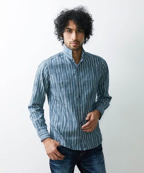MICHEL KLEIN HOMME (ミッシェルクランオム)の「【2023年モデル】《日本製》ストライプタックスタンドシャツ(シャツ/ブラウス・メンズ・ブルー/パープル・LARGE/MEDIUM/X-LARGE)」の4枚目の写真