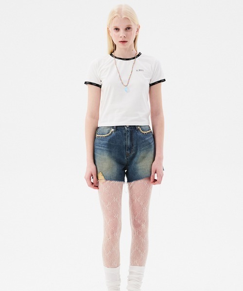 KIRSH（キルシー）の「KIRSH CHERRY LACE TAPE SLIM CROP T-SHIRT/キルシーチェリーレーステープスリムクリップTシャツ（Tシャツ/カットソー・レディース・イエロー/ホワイト/ブラック・ONE SIZE）」の6枚目の写真