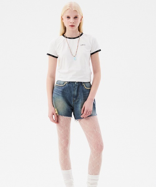 KIRSH（キルシー）の「KIRSH CHERRY LACE TAPE SLIM CROP T-SHIRT/キルシーチェリーレーステープスリムクリップTシャツ（Tシャツ/カットソー・レディース・イエロー/ホワイト/ブラック・ONE SIZE）」の7枚目の写真