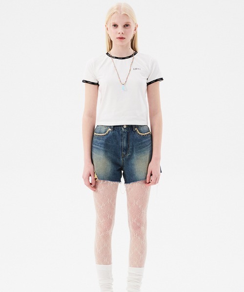 KIRSH（キルシー）の「KIRSH CHERRY LACE TAPE SLIM CROP T-SHIRT/キルシーチェリーレーステープスリムクリップTシャツ（Tシャツ/カットソー・レディース・イエロー/ホワイト/ブラック・ONE SIZE）」の8枚目の写真