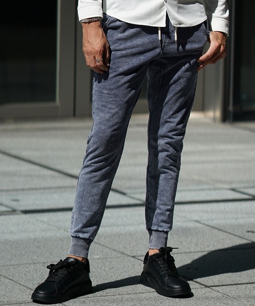 SOMEDIFF（サムディフ）の「【SOMEDIFF】カットデニムジョガーパンツ メンズ スウェットスキニー イージーパンツ ジャージ素材 スリム ジーンズ 春服 夏服（デニムパンツ・メンズ・インディゴブルー/ブラック/ブルー/ダークブラック/グレー/ネイビー系/ブラック系/ブルー系・M/L/XL/XXL）」の7枚目の写真