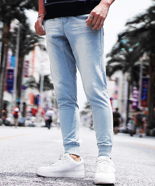 SOMEDIFF（サムディフ）の「【SOMEDIFF】カットデニムジョガーパンツ メンズ スウェットスキニー イージーパンツ ジャージ素材 スリム ジーンズ 春服 冬服（デニムパンツ・メンズ・インディゴブルー/ブラック/ブルー/ダークブラック/グレー・M/L/XL/XXL）」の13枚目の写真