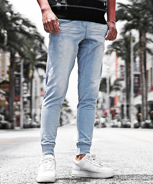 SOMEDIFF（サムディフ）の「【SOMEDIFF】カットデニムジョガーパンツ メンズ スウェットスキニー イージーパンツ ジャージ素材 スリム ジーンズ 春服 冬服（デニムパンツ・メンズ・インディゴブルー/ブラック/ブルー/ダークブラック/グレー・M/L/XL/XXL）」の14枚目の写真