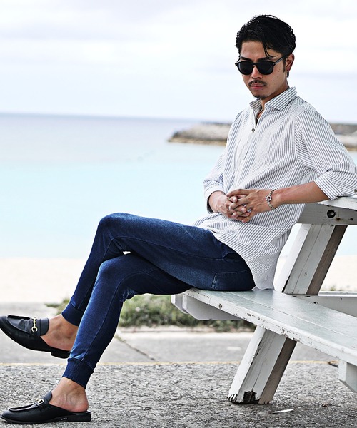 SOMEDIFF（サムディフ）の「【SOMEDIFF】カットデニムジョガーパンツ メンズ スウェットスキニー イージーパンツ ジャージ素材 スリム ジーンズ 春服 冬服（デニムパンツ・メンズ・インディゴブルー/ブラック/ブルー/ダークブラック/グレー・M/L/XL/XXL）」の10枚目の写真